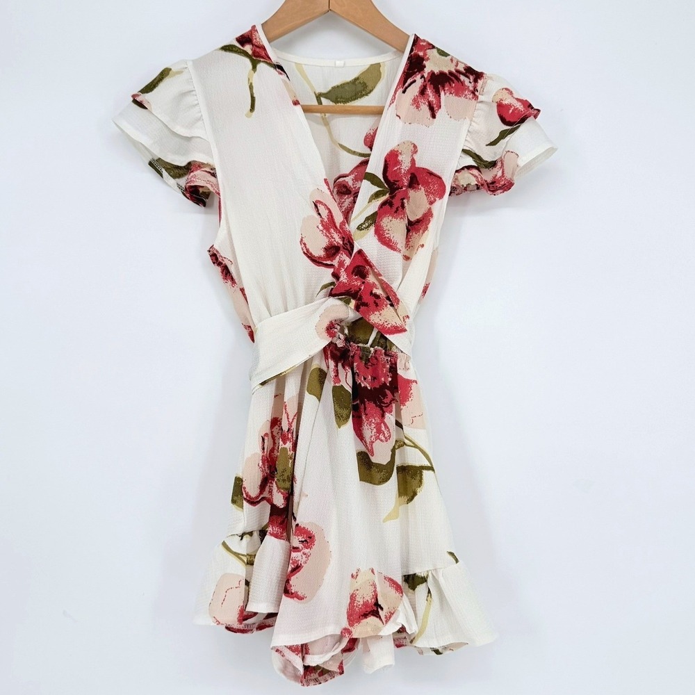 Floral Chiffon Wrap Front Romper Pink Cream Flutter Sleeve Ruffle Hem V-Neck